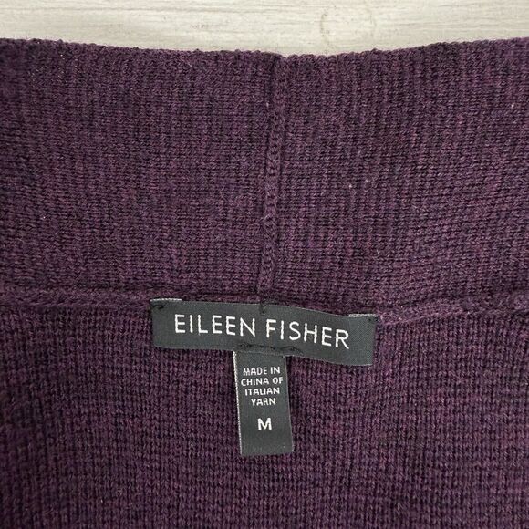 Eileen Fisher Cardigan Medium Purple Merino Wool Open Front Leather Trim Pockets - Picture 8 of 14